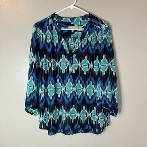 Banana Republic Womens 3/4 Sleeve Blouse Blue Green Geometric Top Sz Large